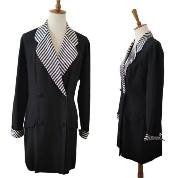 Cache 80's Beetlejuice‎ Black and White Satin Stripe Double Breasted Romper - Picture 1 of 6